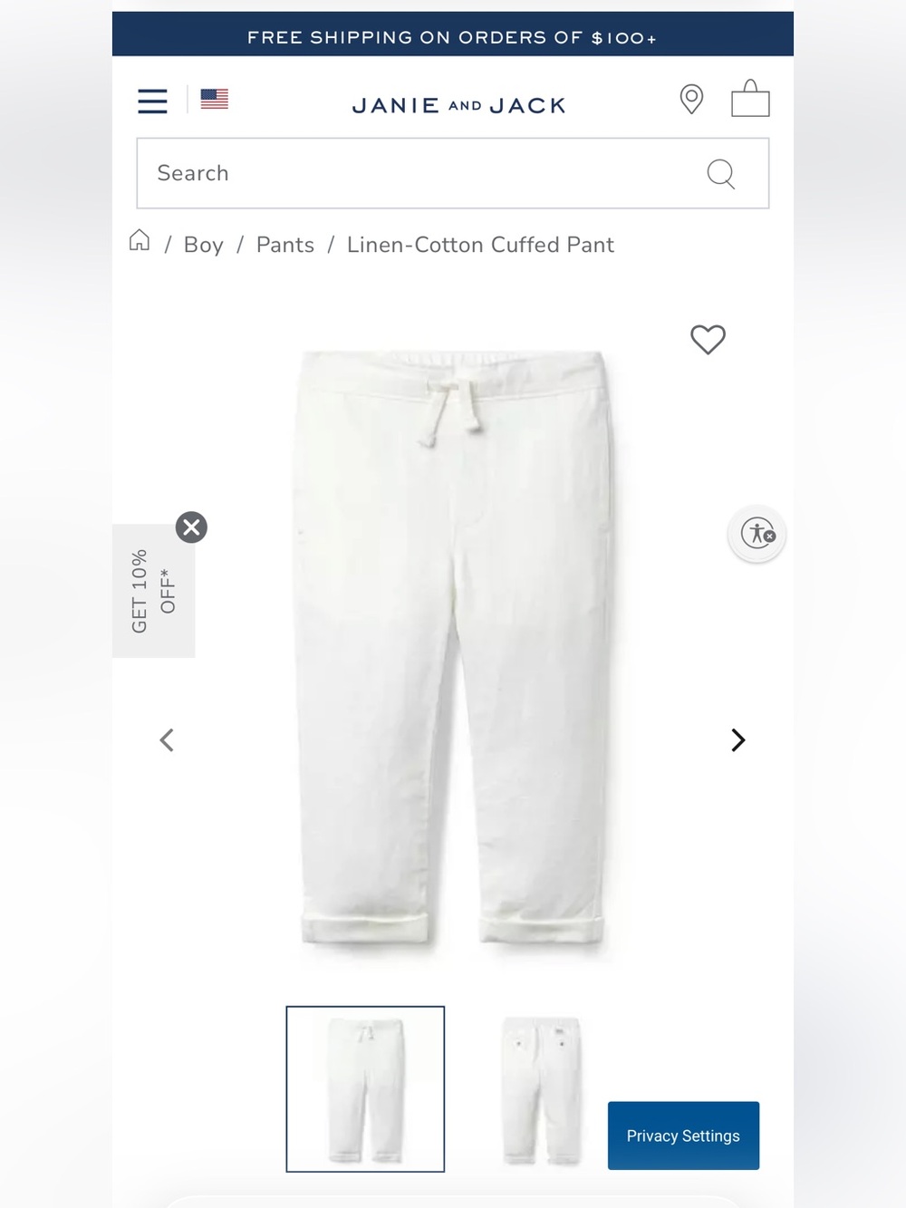 Janie and Jack - toddler white Linen-Cotton Cuffed Pant